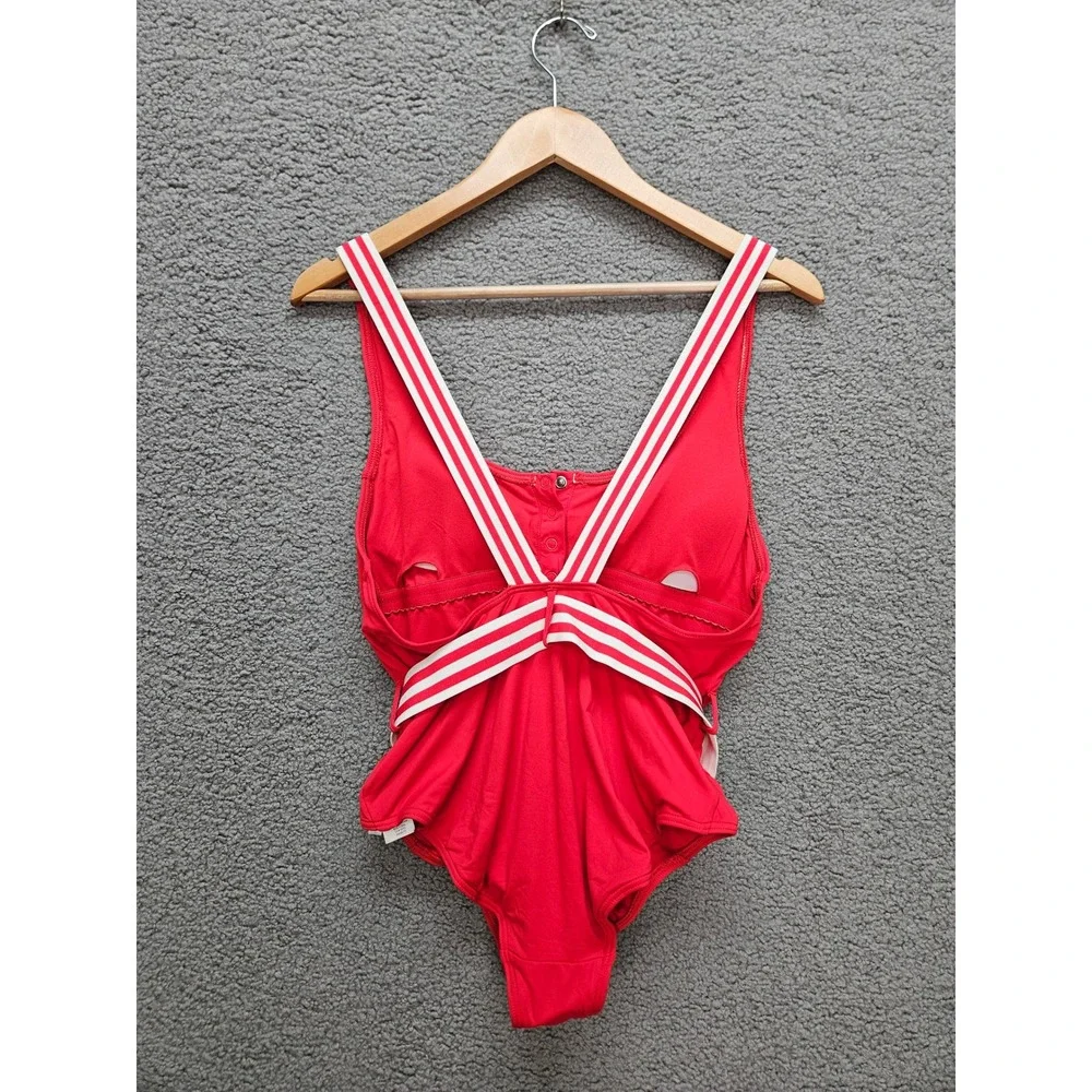 Seafolly One Piece Swimsuit 14 Red Nautical Belted Button Front Stripe NWT